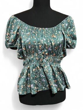Pink Rose Green Floral Off-Shoulder Peplum Blouse